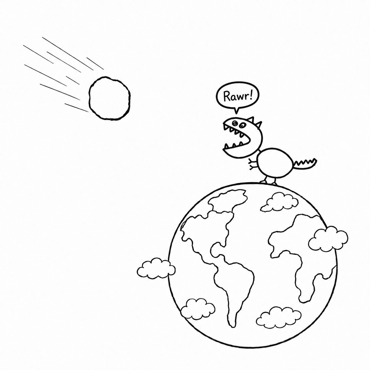 A hand-drawn dinosaur standing on Earth as a comet approaches